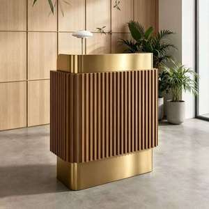 Comptoir de réception d'hôtel de luxe, comptoir avant en acier inoxydable et bois massif, mobilier de hall moderne personnalisable - Product Image 2