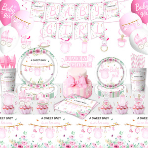 Decoraciones Rosas para Baby Shower, Artículos para Fiesta <span class=keywords><strong>de</strong></span> Baby Shower para Niñas, Platos Desechables, Servilletas, Cucharas, Vasos, Juego <span class=keywords><strong>de</strong></span> Vajilla para 10 Personas - Product Image 1