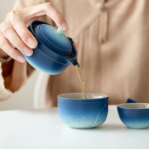 Service à thé de voyage Blue Lotus Pond théière en céramique grossière Portable avec <span class=keywords><strong>2</strong></span> tasses sac de rangement de voiture boîte-cadeau - Product Image 4