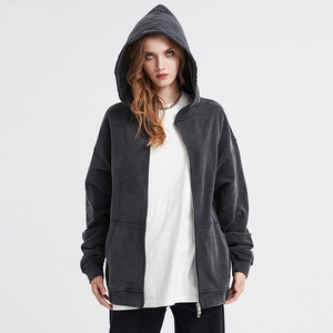 Sweat à capuche zippé en laine épaisse 420g, 100% coton, style rétro vieilli, bords déchirés, coupe ample, effet délavé à l'acide - Product Image 4