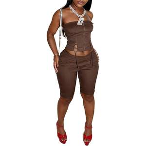 Ensemble deux pièces personnalisé pour femme 2026 : Haut sans manches et pantalon capri en tissu côtelé, à lacets, respirant, style Y2K - Product Image 1