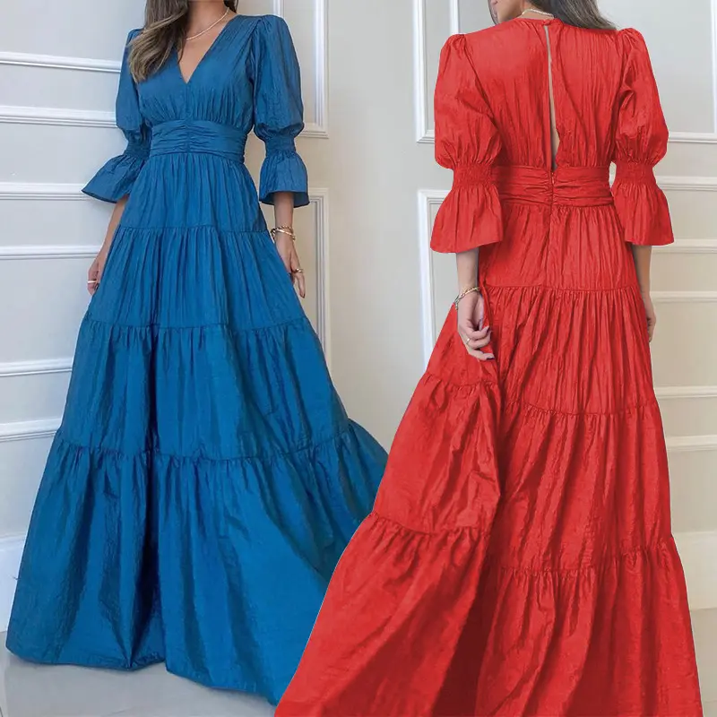 Women Elegant V-neck Draped Long Dress Spring Casual 3/4 Puff Sleeve Solid Party Dress Summer Fashion Elastic Waist Maxi Dresses