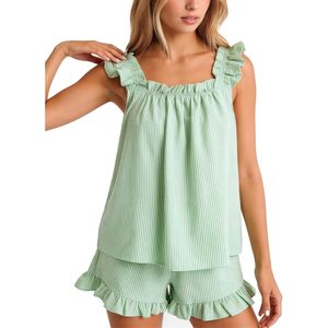 FOXA Conjunto de pijamas a rayas para mujer, de algodón, 2 piezas, top con volantes, pantalones cortos, ropa de dormir bonita de verano, verde M - Product Image 1