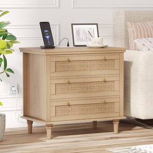 OEM/ODM Wenfeng Modern Solid Wood Nightstand Wide Rattan Charging Station 3 Large Drawers <strong>Smart</strong> Bedroom Storage Home <strong>Furniture</strong> - Product Image 4