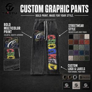 Pantalon de survêtement droit noir pour homme, taille élastique avec cordon de serrage, streetwear, logo imprimé, délavé, 100% coton épais, décontracté - Product Image 2