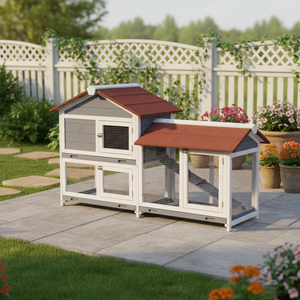 Konijnenhok van 62 inch, houten hok voor cavia's, afsluitbare deuren, uitneembare lade, dak van asfalt, meerlaags ontwerp, voor buitengebruik - Product Image 1