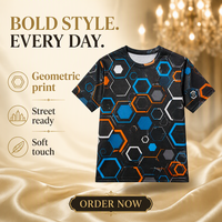 T-shirt à manches courtes en popeline 3D AOP pour homme, 100% polyester, charbon, motif hexagonal, séchage rapide, respirant, col rond, prêt à être expédié
