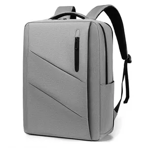 Mochila personalizada para laptop de viagem e negócios com porta de carregamento USB e alças de bagagem, notebook resistente à água de 17 polegadas, cinza