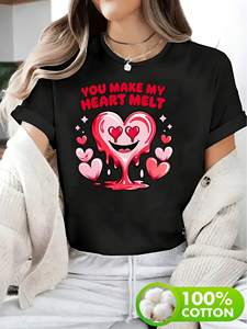 T-shirt da donna taglie forti nera girocollo a maniche corte con stampa 'You Make My Heart Melt' e design a cuore, casual, primavera estate - Product Image 3
