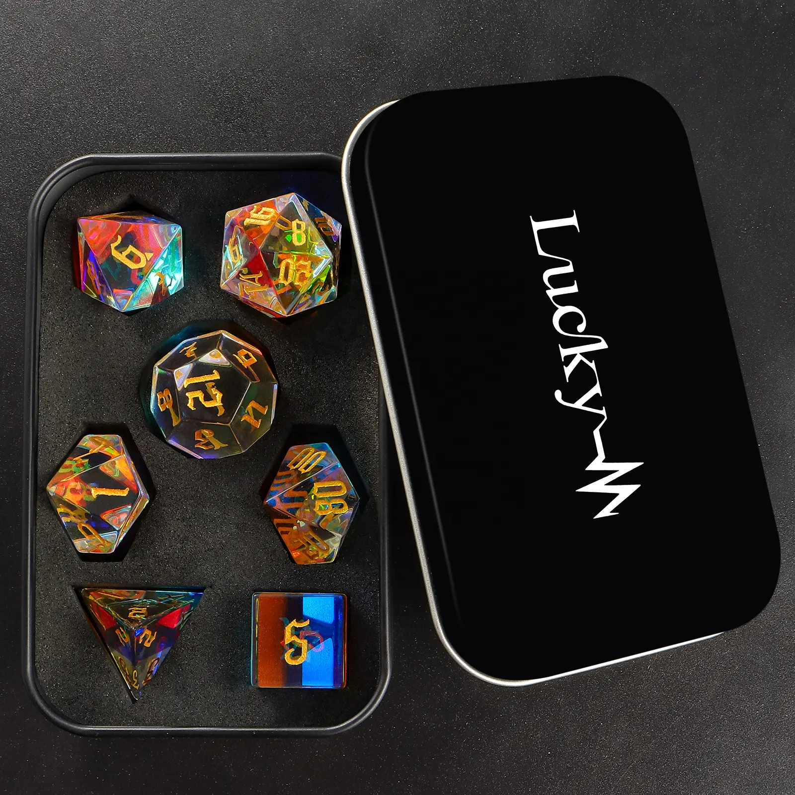 Juego de dados de piedras preciosas poliédricas naturales RPG con logotipo personalizado, juego de dados de gemas DND de cristal con prisma arcoíris para juegos de mesa