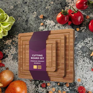 Ensemble de 3 planches à découper en bambou de qualité supérieure, vente en gros, avec rainure profonde pour le jus et poignées latérales pour un découpage pratique. - Product Image 2