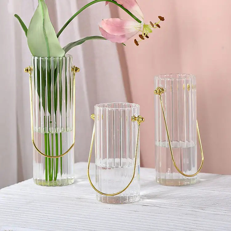 Vente en gros vase décoratif en verre pour mariage vase à fleurs en verre cylindrique avec vase en verre doré