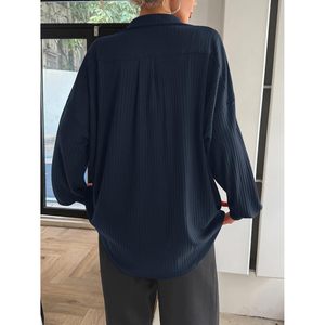 Fisoew Suéter de punto acanalado con cuello en V profundo para mujer, top informal de manga larga, color azul marino, para otoño - Product Image 5