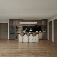 Meubles de cuisine italiens haut de gamme Sofeyia, placage bois bicolore sans poignées, avec armoire à vin latérale vitrée éclairée par LED et îlot central