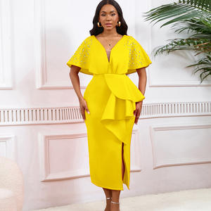 Vestidos de Noche Elegantes con Diseño de Cuentas, Escote en V, Volantes y Abertura, para Fiestas de Verano, Bodas, Cócteles y Graduaciones - Product Image 4