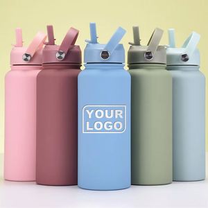 Bouteille d'eau isotherme personnalisée en acier inoxydable avec logo, grande capacité 1L, portable avec poignée et paille, vente en gros - Product Image 1