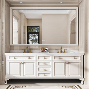 Mueble de <span class=keywords><strong>Baño</strong></span> Estilo Francés <span class=keywords><strong>con</strong></span> Lavabo Doble, Gabinete de Madera Sólida <span class=keywords><strong>y</strong></span> <span class=keywords><strong>Espejo</strong></span> Inteligente <span class=keywords><strong>con</strong></span> Almacenamiento para Baños Modernos - Product Image 1