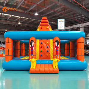 Ceyu <span class=keywords><strong>Castillo</strong></span> Hinchable Comercial con Techo Piramidal, Diseño de Ladrillo, Pilares de Colores y Muro de Escalada - Product Image 1