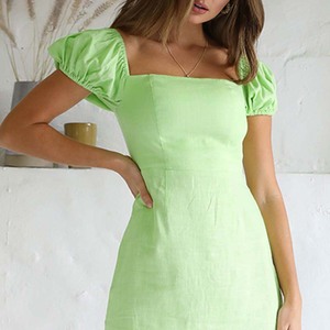 Caldo del collare del quadrato <span class=keywords><strong>verde</strong></span> <span class=keywords><strong>mini</strong></span> vestiti in magazzino del manicotto di soffio di estate del cotone del vestito - Product Image 3
