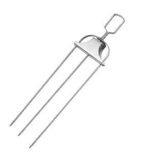 Tusuk sate Kabob 3-Prong untuk memanggang, tusuk sate Stainless Steel, dengan tusuk sate Metal Push Bar dapat digunakan kembali, tongkat Kabob