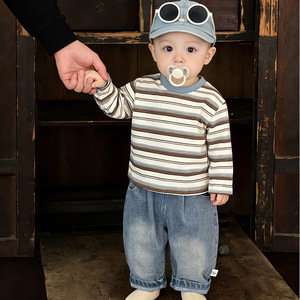 Ensemble T-shirt rayé à manches longues en coton pour bébé garçon et pantalon décontracté style western pour le printemps et l'automne - Product Image 3