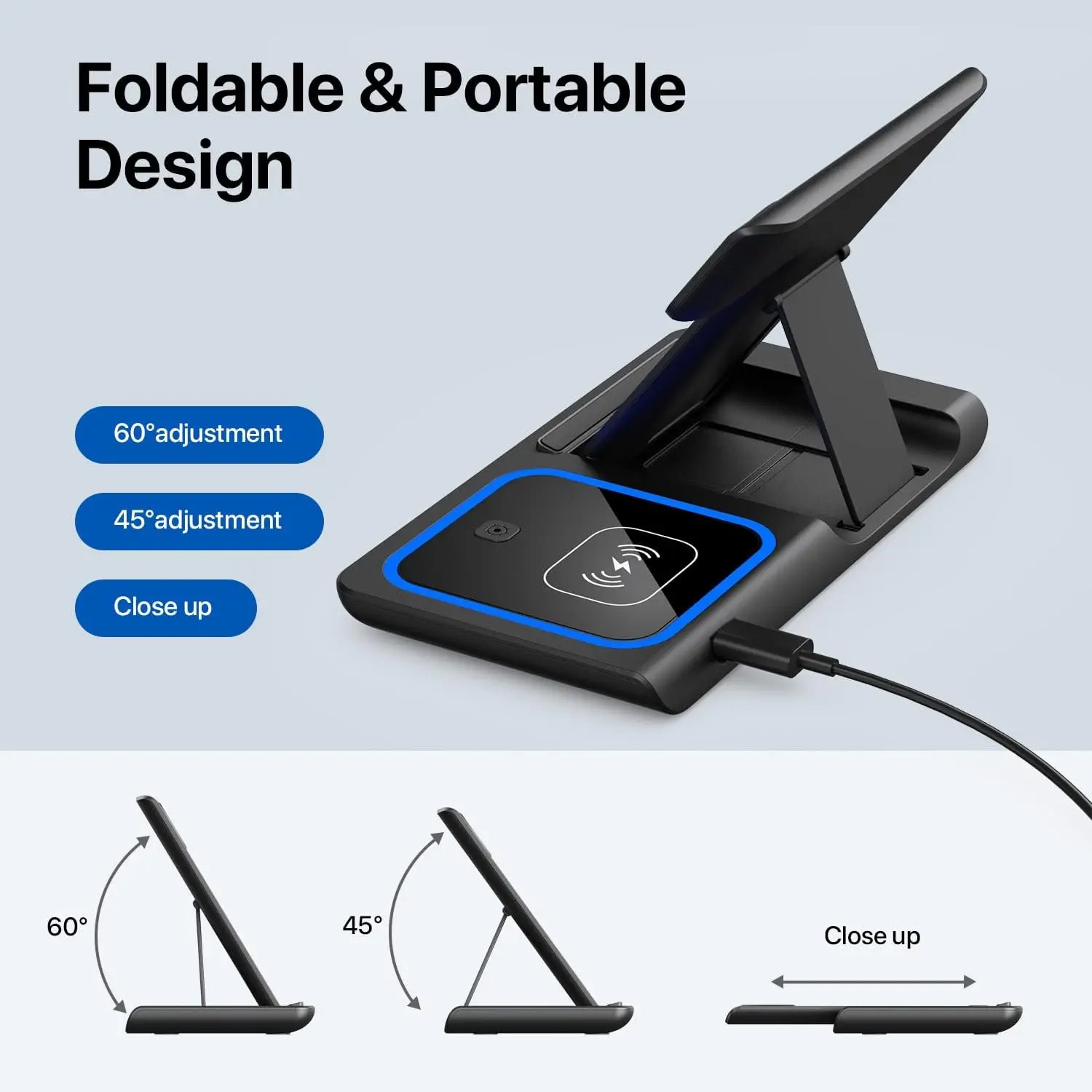 15W Foldable 3 in 1 Portable Fast Wireless Charging Station Magnetic Qi Charger Stand for Smartphones Watch Earbuds