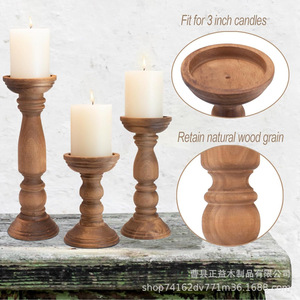 Ensemble de trois porte-bougies en bois, forme colonne, couleur rétro, bois massif, décoration de la maison, style moderne et simple - Product Image 3