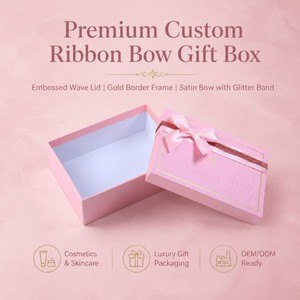 Caja de Regalo Personalizada con Lazo Rosa, Lazo de Satén, Banda Brillante, Tapa con Ondas en Relieve, Borde Dorado, Embalaje para Cosméticos y Cuidado de la Piel - Product Image 1
