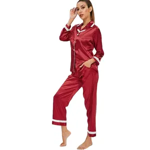 KY new design bulk custom red satin nightie Button Up Color Block Pajama Set women nightwear garten lounge set