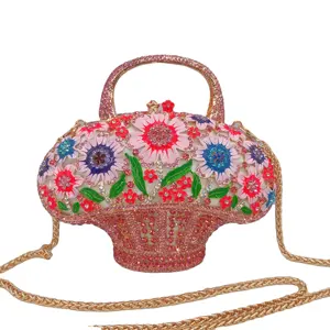 New Metal Crystal Handbags Rhinestone Flower Bucket Clutch Shoulder Purse Evening Bac