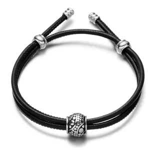 316L Stainless Steel Bead Adjustable Heart Lucky Bracelet Bangles Simple Leather Rope Bracelets For Couples And Friends