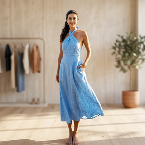 Wholesale 100% Cotton Handmade Breathable Tiered Vintage Midi <b>Dress</b> Women V-neck <b>Bell</b> <b>Sleeve</b> Bow Tie Waist Flowy Summer Casual - Product Image 3