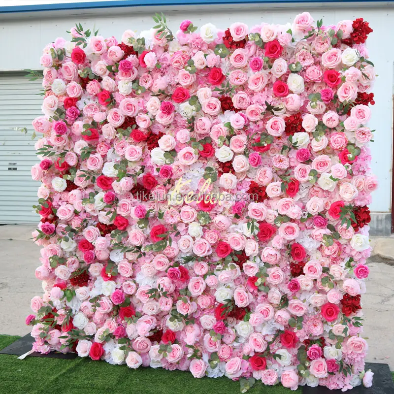 KE-WA002 High quality wedding 8x8ft red flower wall panel 3d 5d roll up artificial flower wall backdrop decoration