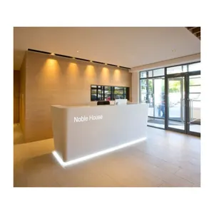 Bancone Reception anteriore per ufficio Design moderno miglior formato personalizzato superficie solida acrilico Led Logo bancone Reception per ufficio bianco