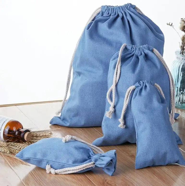 Promotional Cheap Price Recycled Organic Cotton Shoe Dust Bag Wholesale Custom Blue Denim Drawstring Gift Laundry Bag