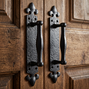 Poignée de porte d'entrée traditionnelle en fer noir avec plaque de tirage, motif Fleur de Lys, installation facile, ambidextre, Coshik Exports - Product Image 2