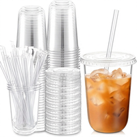 Gobelets en plastique jetables transparents avec couvercles et pailles, 16 oz, non compostables, modernes, pour la maison et les cafés