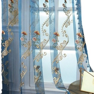 Avrupa Çiçek Desenli Kapı Perdesi Pencere Dekorasyonu Mavi İşlemeli Şeffaf %100 Polyester Kuşgözlü Perde Perdeleri Valanslar - Product Image 5
