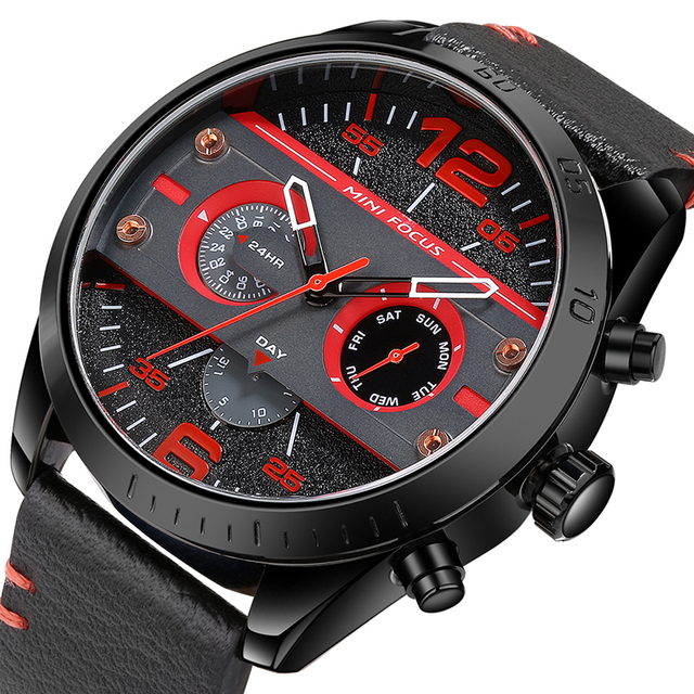 MINI FOCUS 0068 Watch for Men Fashion Multi-function Waterproof Chronograph Quartz Watches Genuine Leather Mens Wristwatches