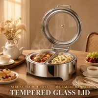 Edelstahl Runder Chafing Dish Elektrischer Buffet-Wärmer 201 SS Gehäuse 304 SS Pfanne Gehärteter Glasdeckel Soft-Close Hotel Catering