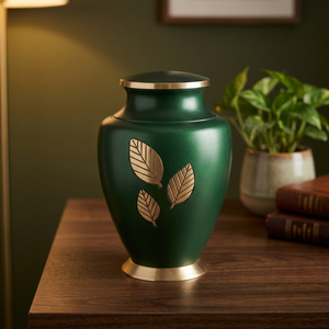 Urne funéraire en aluminium vert gravée feuille d'or, vase commémoratif rond pour table ou sol, souvenir personnalisé, décoration - Artisanat indien pour la maison - Product Image 4