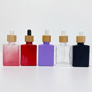 Flat square Rectangle Luxury 15ml 30ml 50ml 100ml Glass Dropper Bottles with Crystal <b>clear</b> Black Collar for Serum Essential Oil - Product Image 6