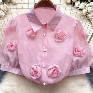 Camiseta sin mangas para mujer con estampado floral 3D, mangas abullonadas, corte regular, color liso, poliéster, antiencogimiento, para uso diario, rosa, albaricoque, azul - Product Image 2