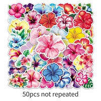 50 autocollants imperméables en PVC à motif de fleurs d'hibiscus tropicales pour la décoration DIY de coques de téléphone, carnets et gobelets