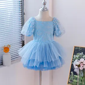 2024 Летнее Детское тренировочное платье для девочек с коротким рукавом Пышное Сетчатое платье-пачка для танцев