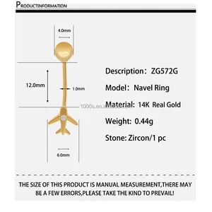 בטן טבעות 14K מוצק זהב בטן טבור טבעת עם זירקון מטוס פירסינג תכשיטי בורג כפתור גוף Jeweley