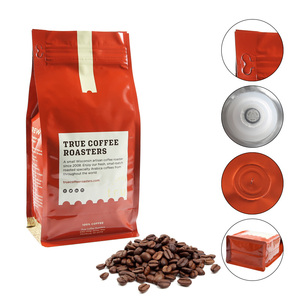 Saco de embalagem de café com reforço lateral de 250g e 1kg, saco com zíper de fundo plano, embalagem de grãos de café com válvula e zíper