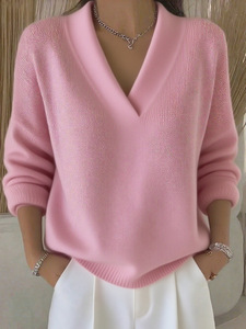 Nouveau pull en tricot à col en V ample de style européen et américain, couleur unie, mode décontractée, pull en tricot pour femmes - Product Image 6