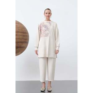 Women's Jacquard Front Zipper Detail <b>Trousers</b> Set - 14312TKS - SAND BEIGE-ORANGE - Product Image 2