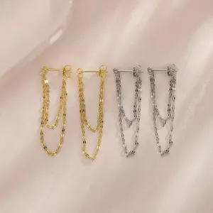 Dubbellaags Oorbellen Met Lip-Ketting Met Kwastjes, Minimalistische Oorbellen, Rond Gezicht, Afslankende En Langwerpige Glitterkettingoorbellen